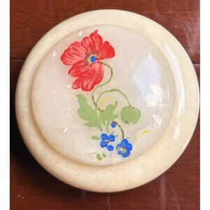 Vintage Alabaster Jar Made in Italy Floral Poppy Blue Bells Hand painted 3”
